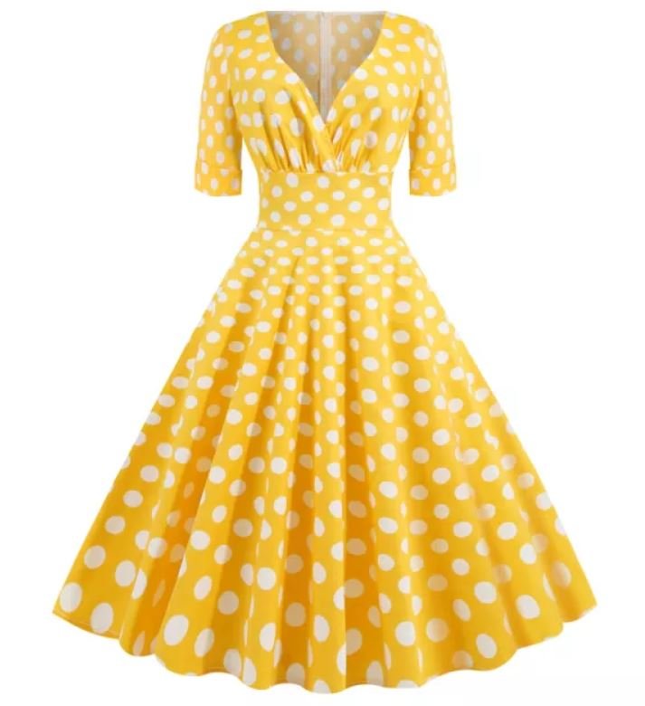 Robe Vintage Jaune Coton Pois