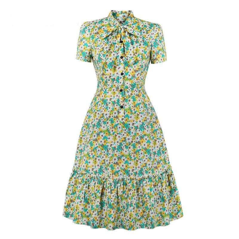 Robe Vintage Manches Courtes Verte