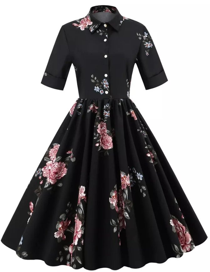 Robe Vintage Noire Col Rabattu