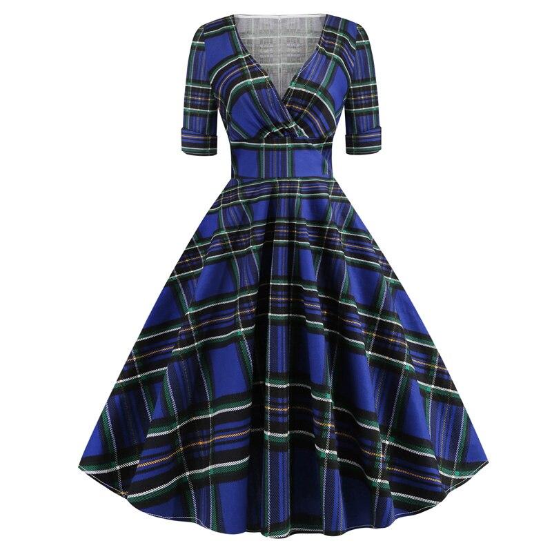 Robe Vintage Rockabilly 50s Tartan Bleu
