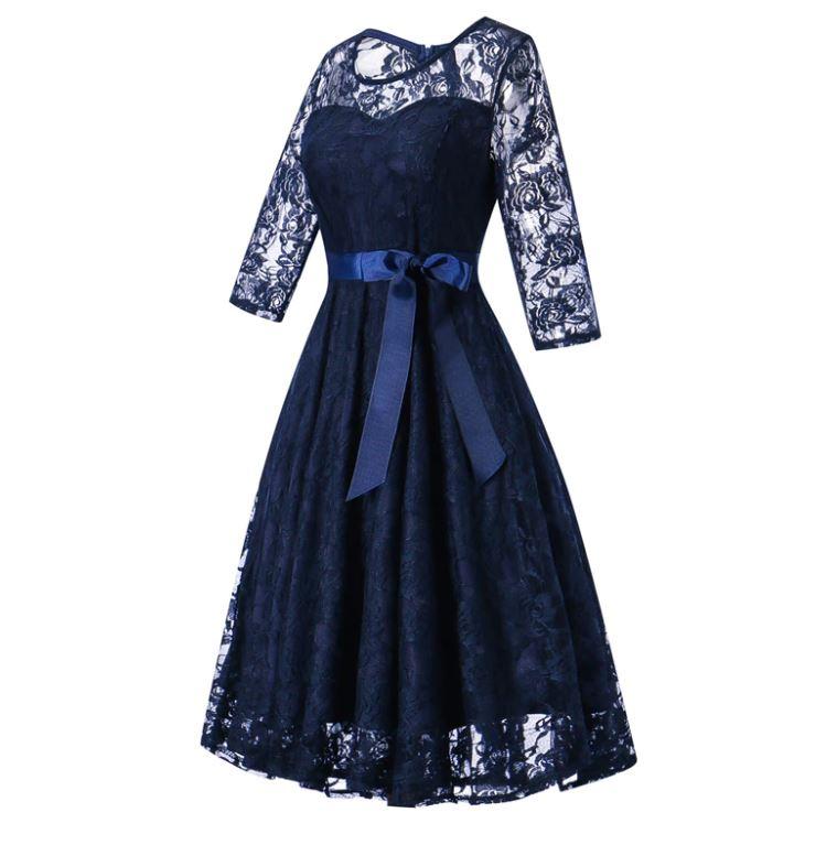 Robe vintage soirée manches longues bleue
