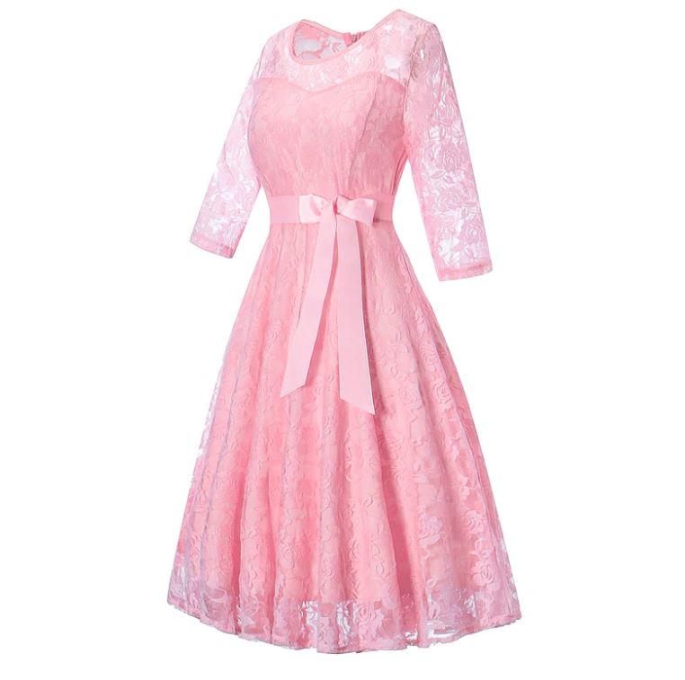 Robe vintage soirée manches longues rose