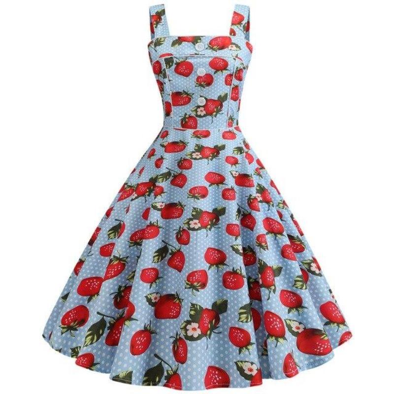 Robe Vintage 1950 Bleu Fraises