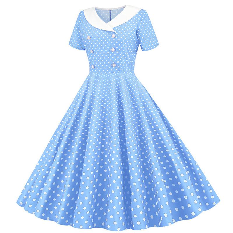 Robe Bleue Ciel Années 50 à Pois