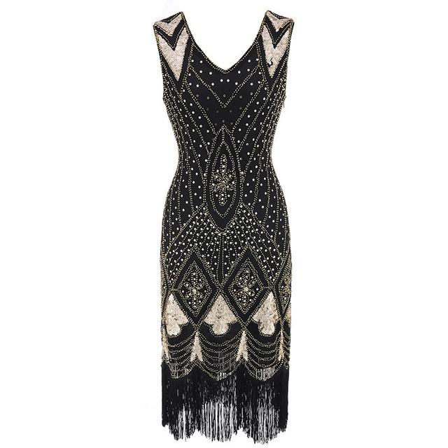 Robe Vintage Années 20 Sequins Noir Or