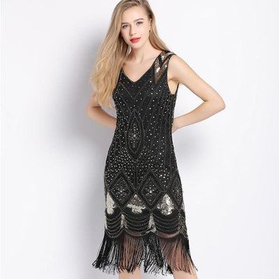 Robe Vintage Années 20 Sequins Noir Or